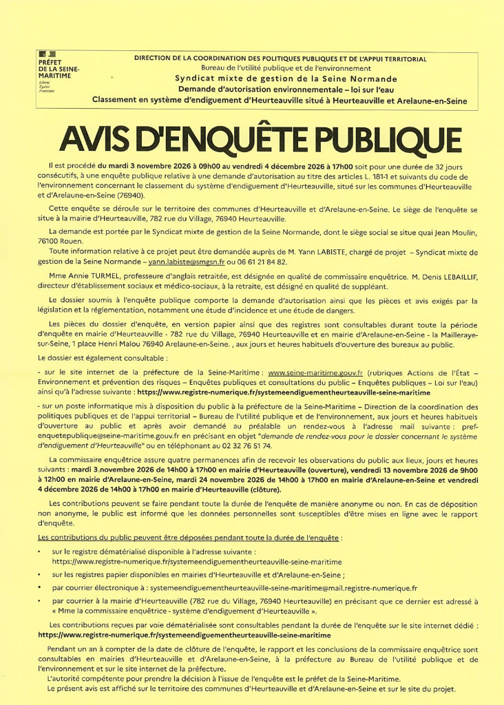 📢 ENQUÊTE PUBLIQUE – SYSTÈME D’ENDIGUEMENT D’HEURTEAUVILLE
